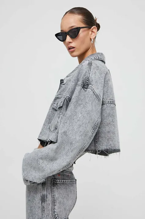 Rifľová bunda HUGO x Bella Poarch dámska, šedá farba, prechodná, oversize