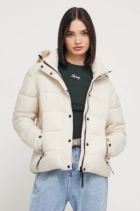 Superdry geaca femei, culoarea bej, de iarna