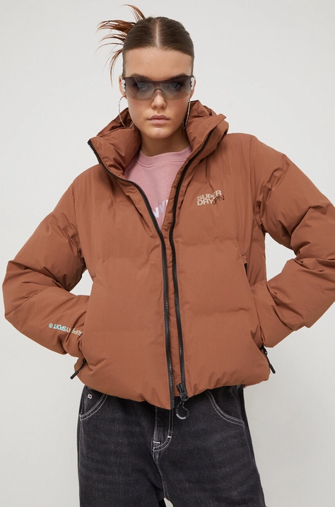 Superdry geaca femei, culoarea maro, de iarna