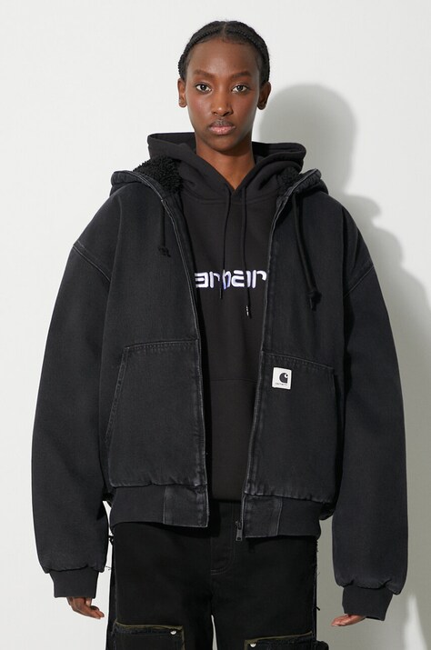 Rifľová bunda Carhartt WIP dámska, čierna farba, prechodná, oversize