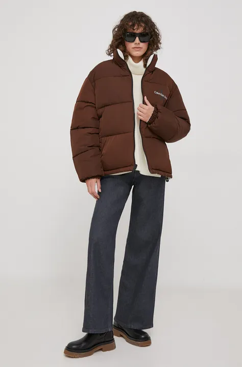Calvin Klein Jeans kurtka dwustronna damska kolor beżowy zimowa oversize