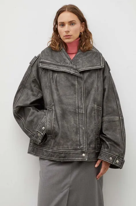 Kožna jakna Remain za žene, boja: siva, za prijelazno razdoblje, oversize