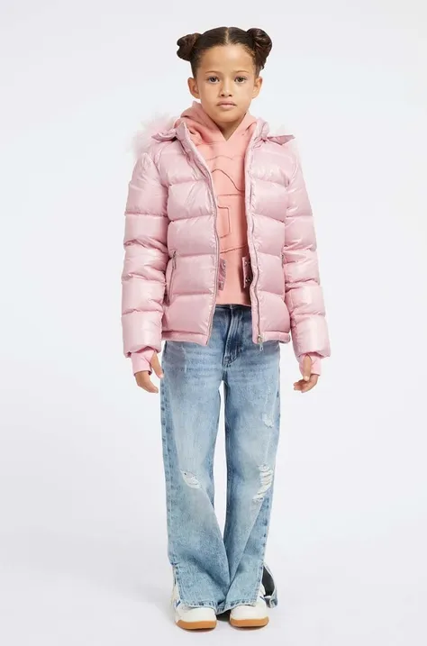 Παιδικό μπουφάν με πούπουλα Guess χρώμα: ροζ