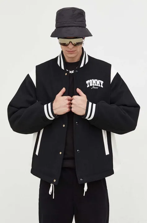 Bomber jakna s primjesom vune Tommy Jeans boja: crna, za prijelazno razdoblje
