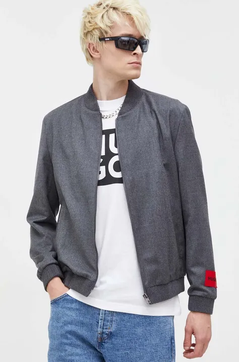 Вовняна куртка-бомбер HUGO колір сірий перехідна
