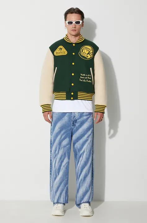 Bomber jakna Billionaire Boys Club TROPICAL VARSITY JACKET za muškarce, boja: zelena, za prijelazno razdoblje, B23301