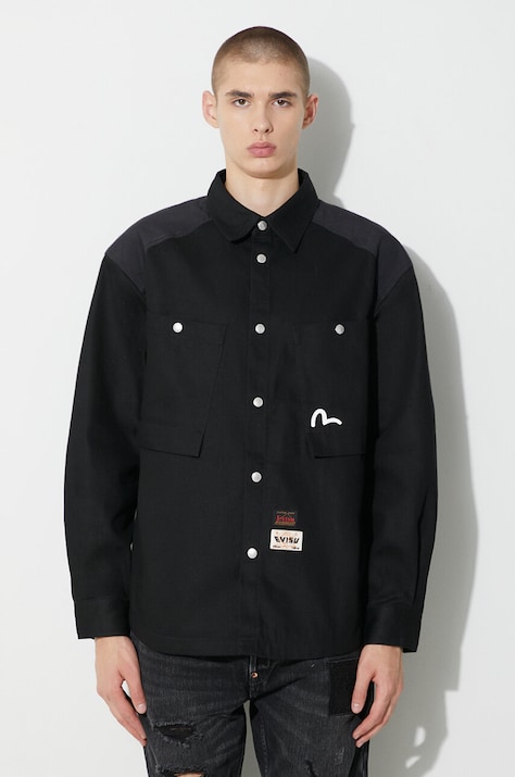 Evisu geacă din denim Seagull and Slogan Print bărbați, culoarea negru, de tranziție, 2EAHTM3SJ8004LFCT