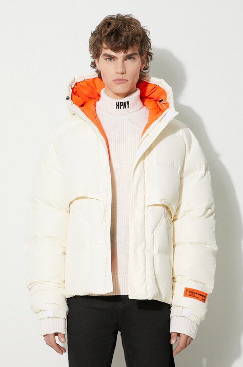 Péřová bunda Heron Preston Hoodie Nylon Puffer pánská, béžová barva, zimní, oversize, HMED014F23FAB0010400
