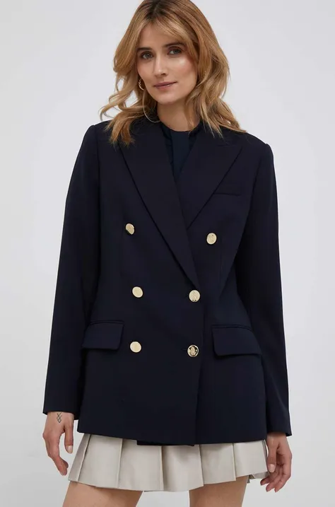Lauren Ralph Lauren gyapjú kabát sötétkék, sima, kétsoros gombolású