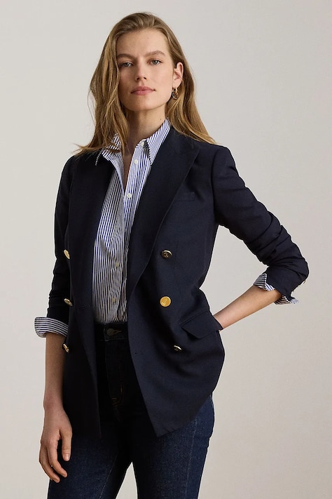 Вълнено сако Lauren Ralph Lauren в тъмносиньо с двуредно закопчаване с изчистен дизайн