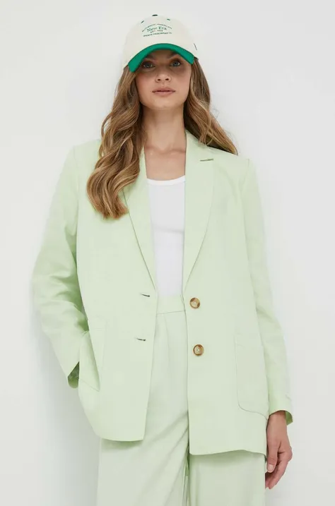 Sako s prímesou ľanu Pepe Jeans Mirta zelená farba, jednoradové, jednofarebné