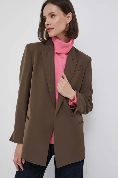 Sako s primjesom vune Calvin Klein boja: smeđa, dvoredno zakopčavanje, bez uzorka