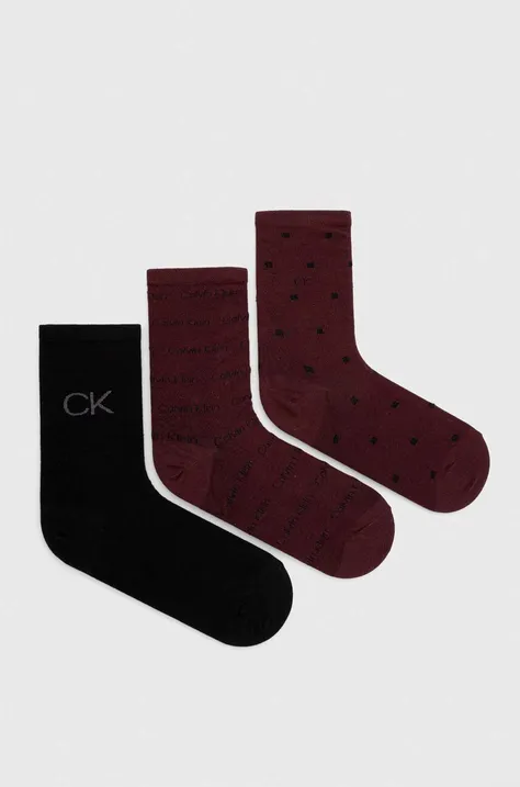 Ponožky Calvin Klein 3-pak dámske, bordová farba