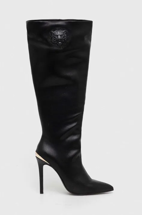 Δερμάτινες μπότες Just Cavalli γυναικείες, χρώμα: μαύρο, 75RA3S06 ZP273 899 F375RA3S06 ZP273 899