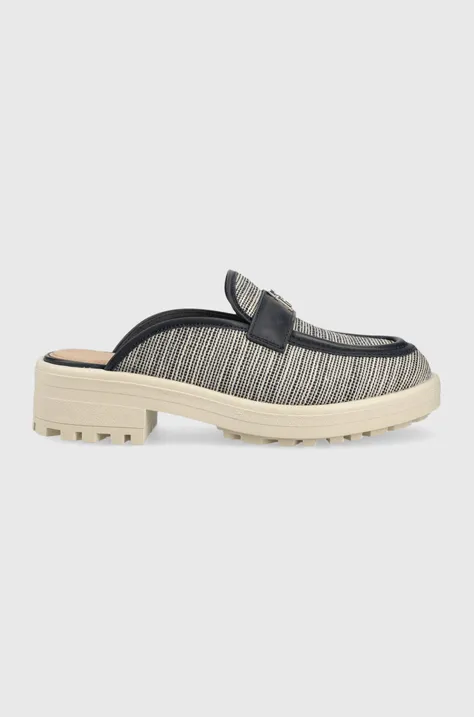 Tommy Hilfiger papuci TH WOVEN MULE LOAFER femei, culoarea albastru marin, cu toc drept, FW0FW07223