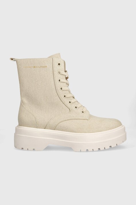 Tommy Hilfiger bocanci FEMININE ESSENTIAL CANVAS femei, culoarea bej, cu platforma, FW0FW07357