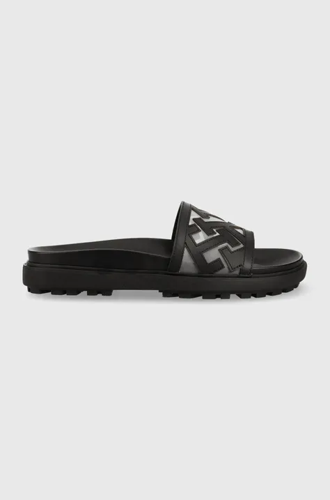 Δερμάτινες παντόφλες Tommy Hilfiger TH ELEVATED FLAT SANDAL γυναικείες, χρώμα: μαύρο, FW0FW07407