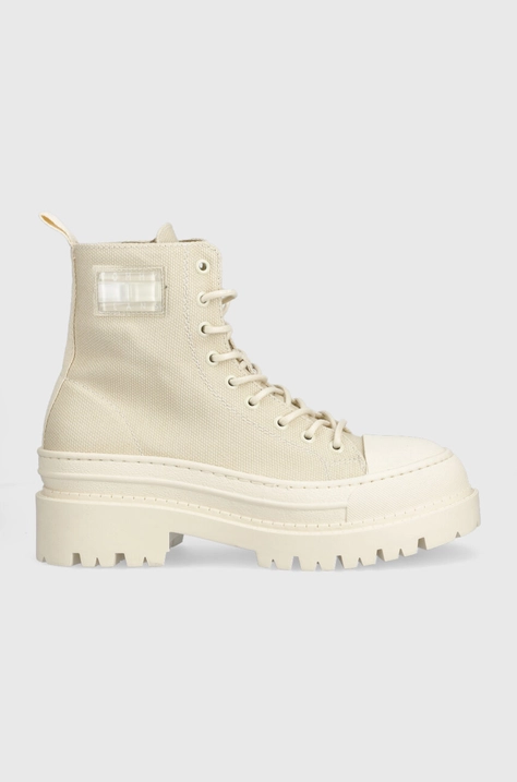 Gležnjače Tommy Jeans TJW FOXING CANVAS BOOT za žene, boja: bež, s platformom, EN0EN02216