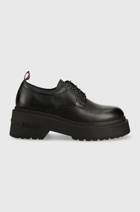 Δερμάτινα κλειστά παπούτσια Tommy Jeans TJW AVA LACE UP χρώμα: μαύρο, EN0EN02219