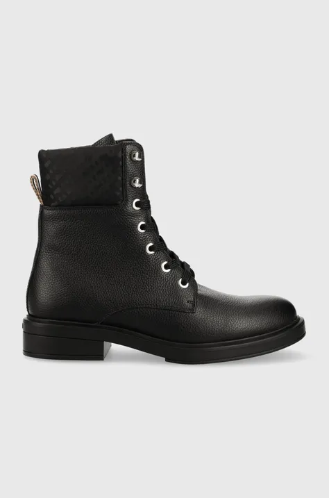 Kožené kotníkové boty BOSS Vanity dámské, černá barva, na plochém podpatku, 50498809
