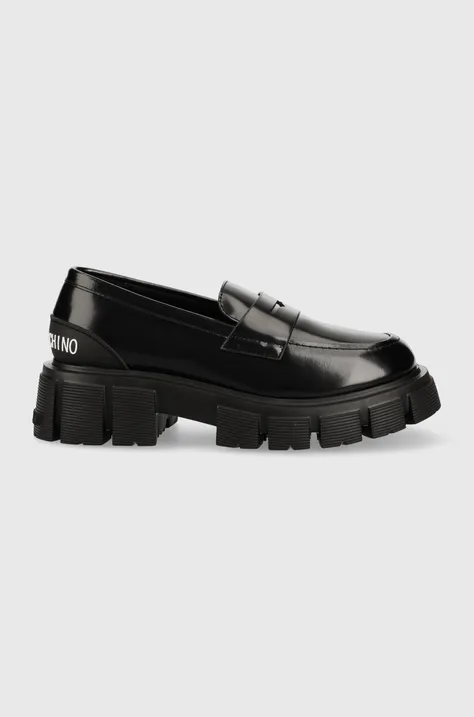 Love Moschino mocasini de piele femei, culoarea negru, cu platformă JA10045G1HIB0000