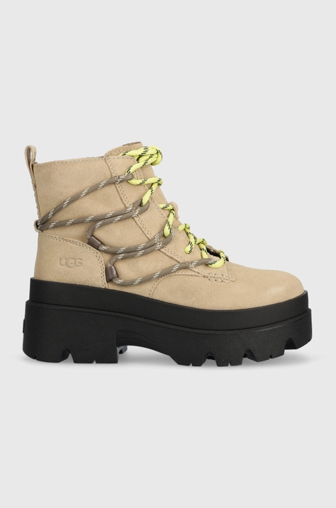 Замшевые ботинки UGG Brisbane Lace Up женские цвет бежевый на платформе 1143841