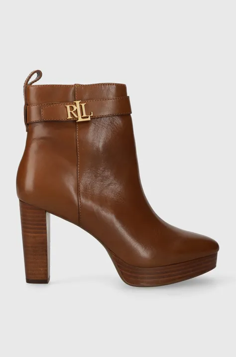 Kožené členkové topánky Lauren Ralph Lauren Maisey dámske, hnedá farba, na podpätku, 802916352002