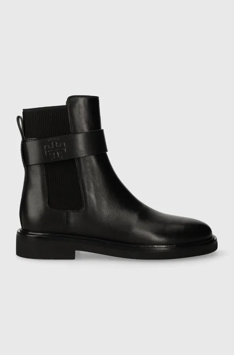 Kožené topánky chelsea Tory Burch DOUBLE T CHELSEA BOOT dámske, čierna farba, na plochom podpätku, 152831-004