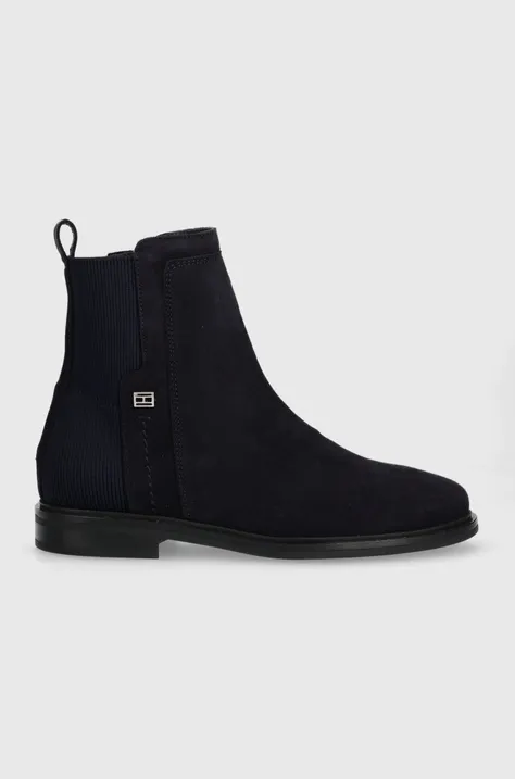 Tommy Hilfiger sztyblety zamszowe TOMMY ESSENTIALS BOOT damskie kolor granatowy na płaskim obcasie FW0FW07474