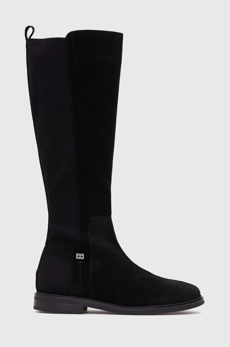 Tommy Hilfiger cizme TOMMY ESSENTIALS LONGBOOT femei, culoarea negru, cu toc plat, FW0FW07476