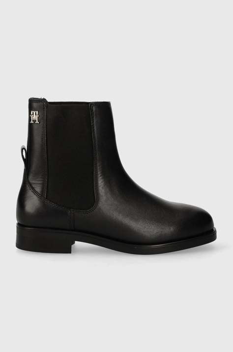 Kožené topánky chelsea Tommy Hilfiger ELEVATED ESSENT THERMO BOOTIE dámske, čierna farba, na plochom podpätku, FW0FW07483