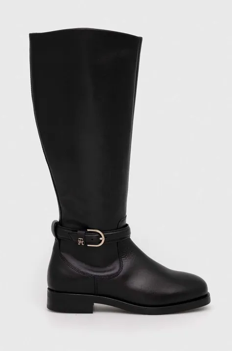 Usnjeni elegantni škornji Tommy Hilfiger ELEVATED ESSENT THERMO LONGBOOT ženski, črna barva, FW0FW07484