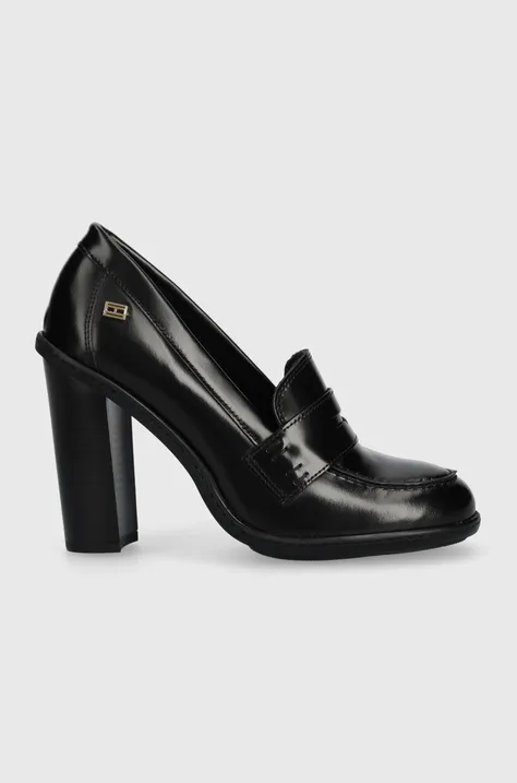 Tommy Hilfiger pantofi de piele TOMMY ESSENTIAL LOAFER PUMP culoarea negru, cu toc drept, FW0FW07532