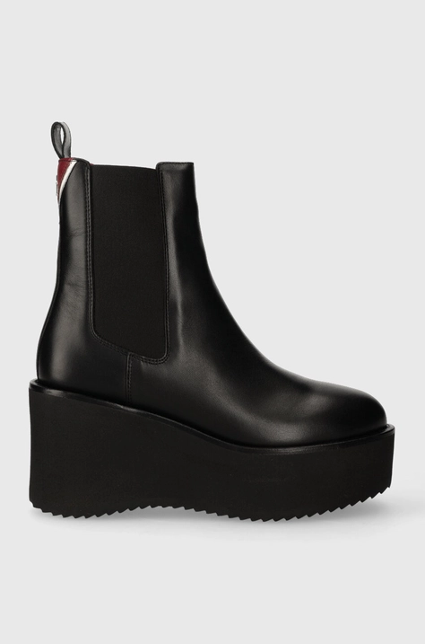 Tommy Hilfiger ghete chelsea de piele ELEVATED WEDGE BOOTIE femei, culoarea negru, toc pana, FW0FW07657