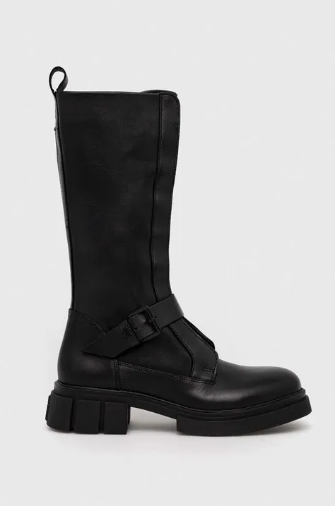 Kožené čižmy Tommy Hilfiger COOL MONOCHROMATIC BIKERBOOT dámske, čierna farba, na plochom podpätku, FW0FW07338