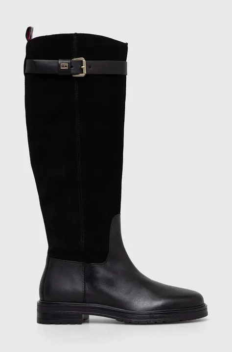 Шкіряні чоботи Tommy Hilfiger CASUAL ESSENTIAL BELT LONGBOOT жіночі колір чорний на плоскому ходу FW0FW07480