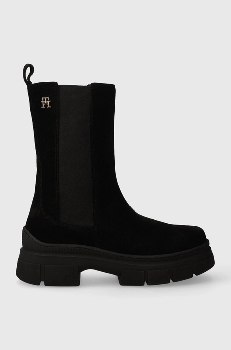 Tommy Hilfiger botine din piele intoarsa ESSENTIAL SUEDE CHELSEA BOOT femei, culoarea negru, cu platforma, FW0FW07489