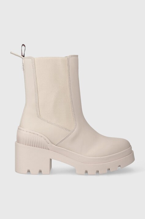 Μπότες τσέλσι Tommy Hilfiger RUBBERIZED MID HEEL BOOT χρώμα: μπεζ, FW0FW07520 F3FW0FW07520