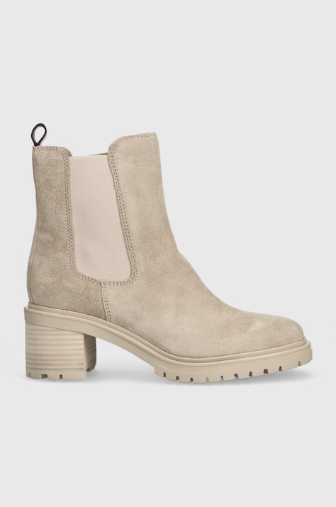 Gležnjače od brušene kože Tommy Hilfiger ESSENTIAL MIDHEEL SUEDE BOOTIE za žene, boja: bež, s debelom potpeticom, FW0FW07522