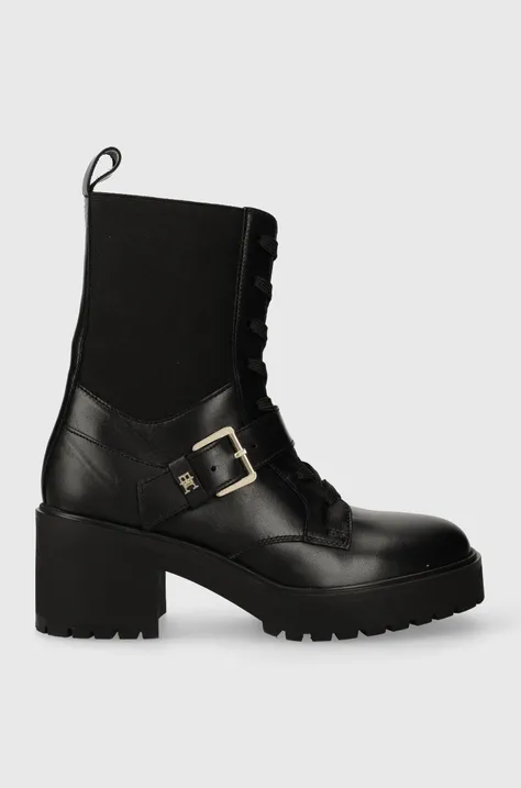 Tommy Hilfiger cizme de piele TOMMY BELT LEATHER BOOT femei, culoarea negru, cu toc drept, FW0FW07526