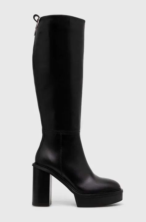 Kožne čizme Tommy Hilfiger ELEVATED PLATEAU LONGBOOT za žene, boja: crna, s debelom potpeticom, FW0FW07545