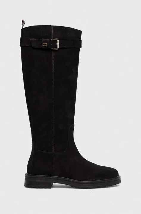 Čizme od brušene kože Tommy Hilfiger ESSENTIAL NUBUCK BELT LONGBOOT za žene, boja: crna, ravni potplat, FW0FW07656