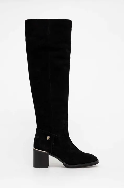 Elegantni škornji iz semiša Tommy Hilfiger FEMININE SUEDE OVERKNEE BOOT ženski, črna barva, FW0FW07667
