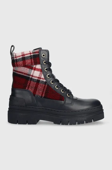 Tommy Hilfiger botine FEMININE TARTAN LACE UP BOOTIE femei, culoarea albastru marin, cu toc plat, FW0FW07670