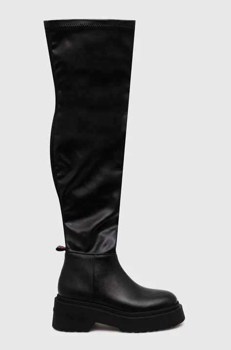 Vysoké čižmy Tommy Jeans TJW OVER THE KNEE BOOTS dámske, čierna farba, na platforme, EN0EN02254