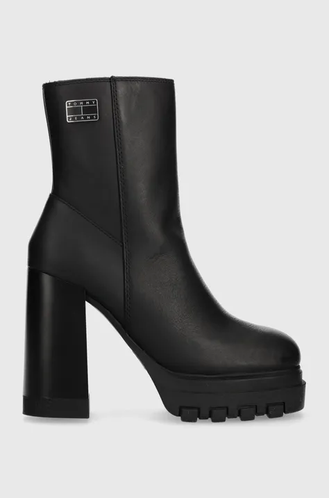 Kožne gležnjače Tommy Jeans TJW HIGH HEEL ANKLE BOOT za žene, boja: crna, s debelom potpeticom, EN0EN02256