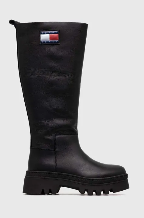 Usnjeni elegantni škornji Tommy Jeans TJW FASHION HIGH SHAFT ženski, črna barva, EN0EN02288