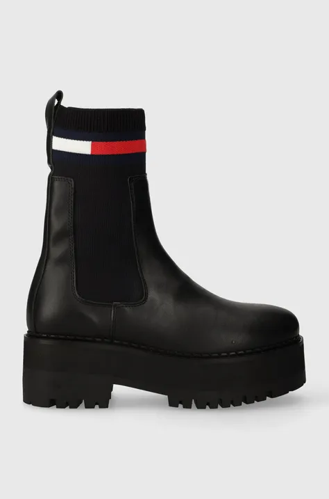 Kožené kotníkové boty Tommy Jeans TJW FLATFORM CHELSEA SOCK dámské, černá barva, na plochém podpatku, EN0EN02301