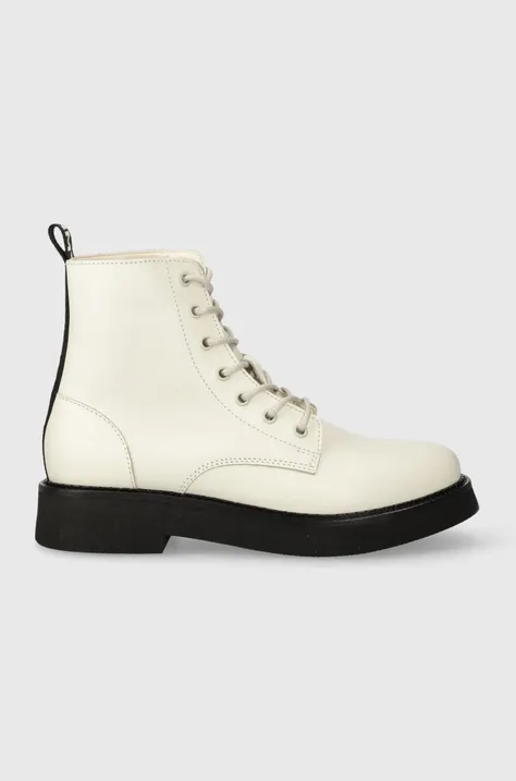 Kožené kotníkové boty Tommy Jeans TJW LACE UP FLAT BOOT dámské, bílá barva, na plochém podpatku, EN0EN02310