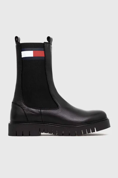 Tommy Jeans sztyblety skórzane TJW LONG CHELSEA BOOT damskie kolor czarny na płaskim obcasie EN0EN02315